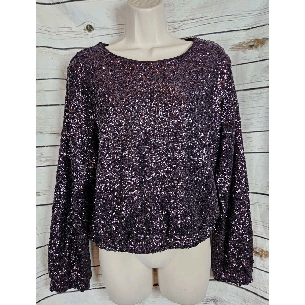 Express Purple Sequin Top L Womens Party Holiday Fairy Whimsigoth Long Sleeve